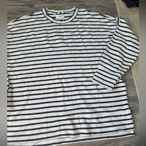 Aerie Terry Navy and White Striped Long-Sleeve Pullover Crew Sweatshirt Size L